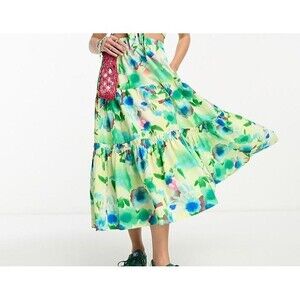 Damson Madder Painterly Floral Printed Tiered Midi Skirt Ruffle XS-6 NWT 286109